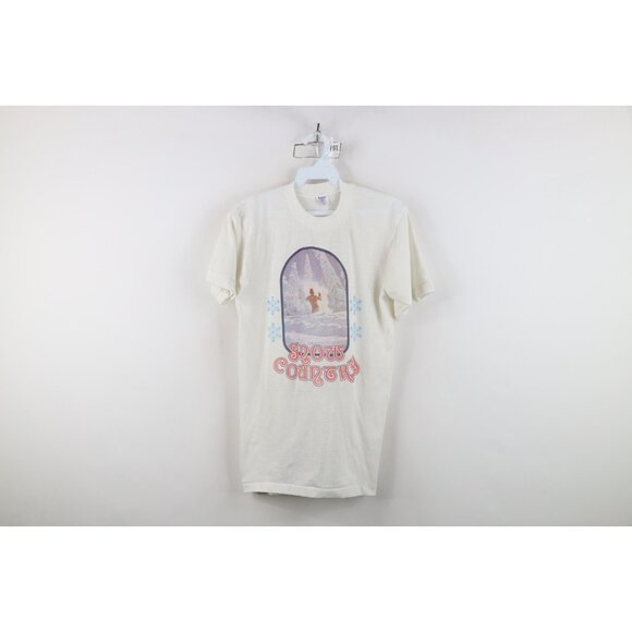 Vintage Tops - Vintage 70s Womens Large Sheer Snow Country Snowflake Skiing T-Shirt White USA